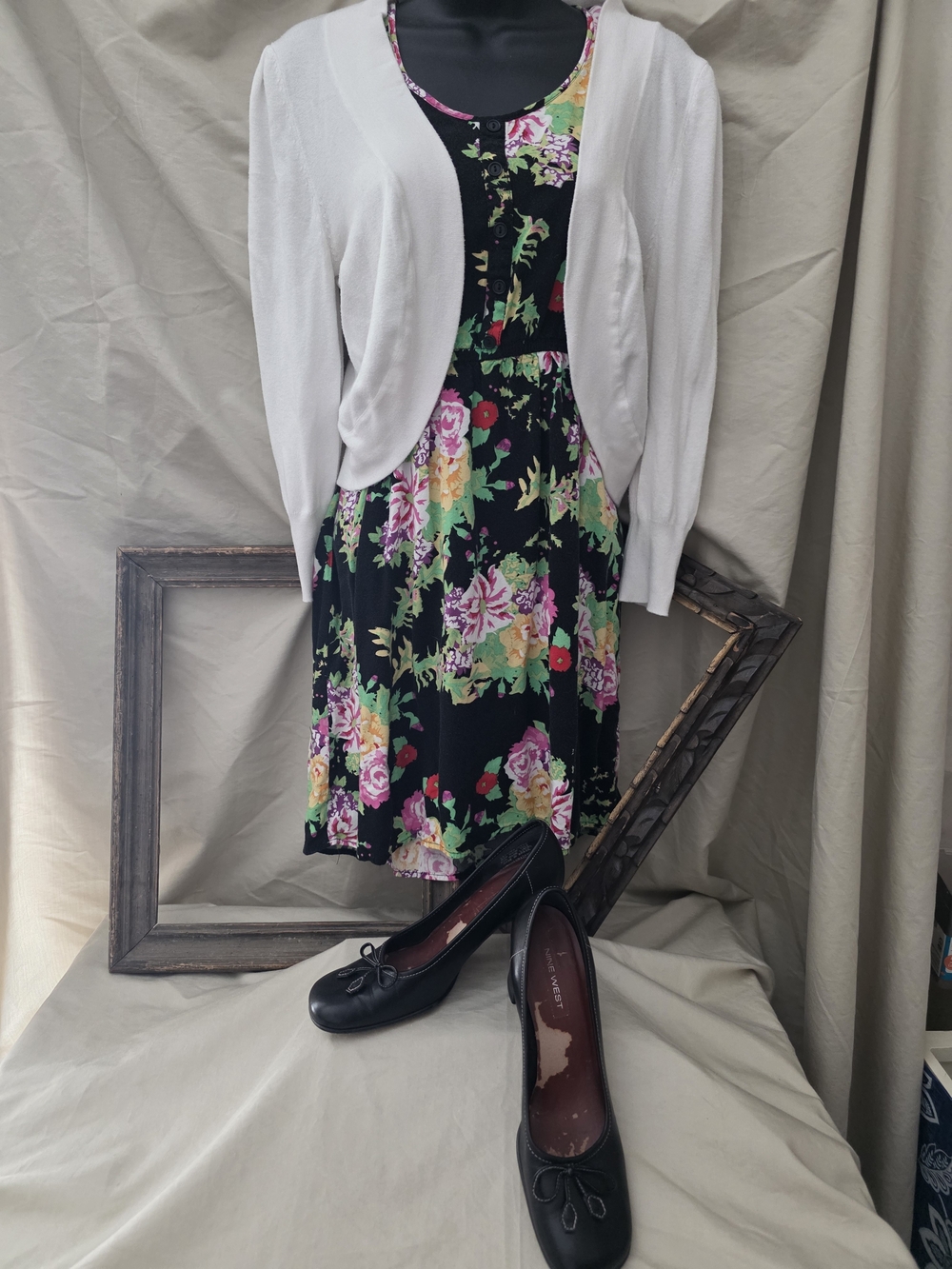 BONGO Black Floral Midi Dress with White Cardigan